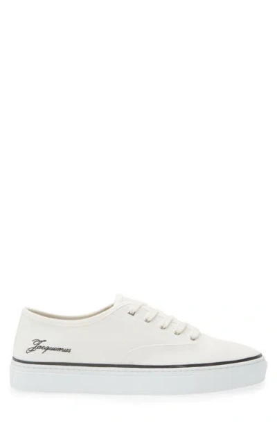Jacquemus Round Toe Canvas Sneakers With Embroidered Logos In White