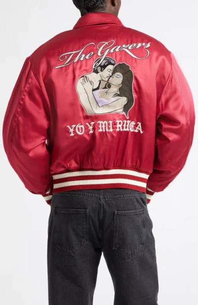 Second / Layer Second Layer Aces Embroidered Satin Bomber Jacket In Red
