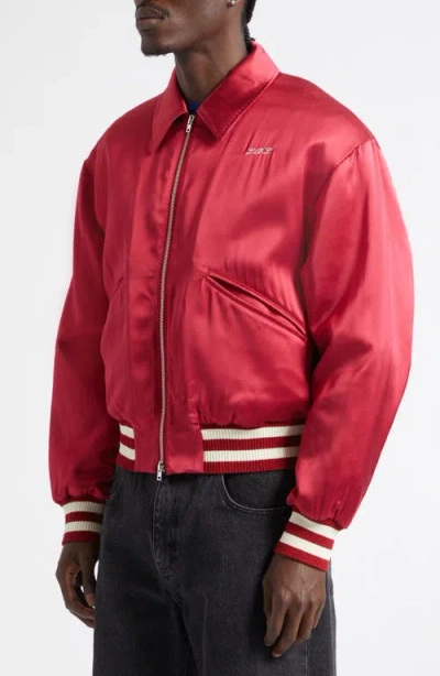 Second / Layer Second Layer Aces Embroidered Satin Bomber Jacket In Red
