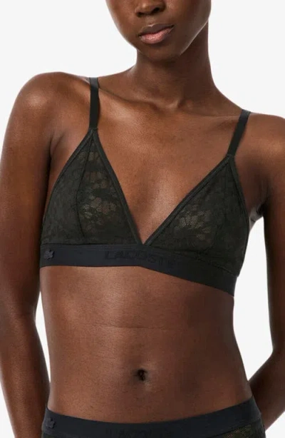 Lacoste Logo Lace Triangle Bralette In Black