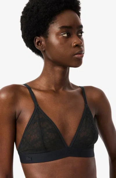 Lacoste Logo Lace Triangle Bralette In Black