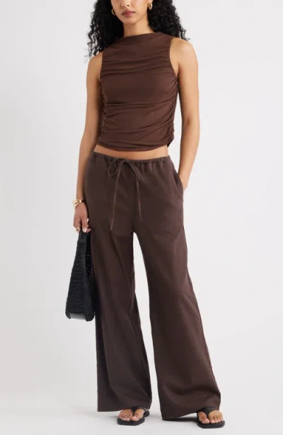 Open Edit Ruched Mesh Tank Top In Brown