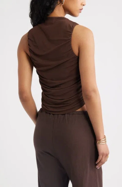 Open Edit Ruched Mesh Tank Top In Brown