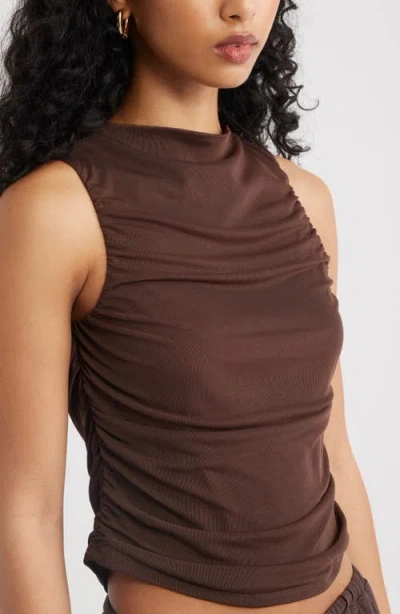 Open Edit Ruched Mesh Tank Top In Brown