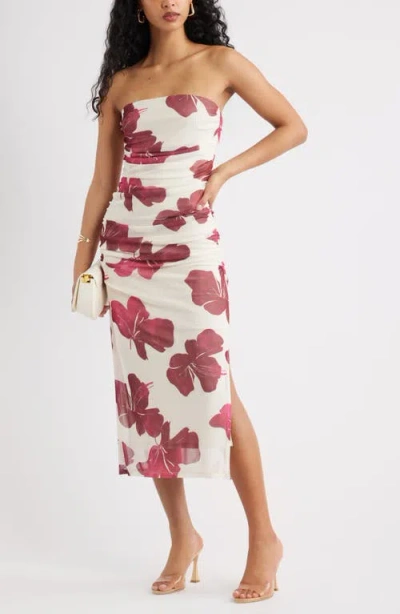 Open Edit Ruched Strapless Mesh Dress In White