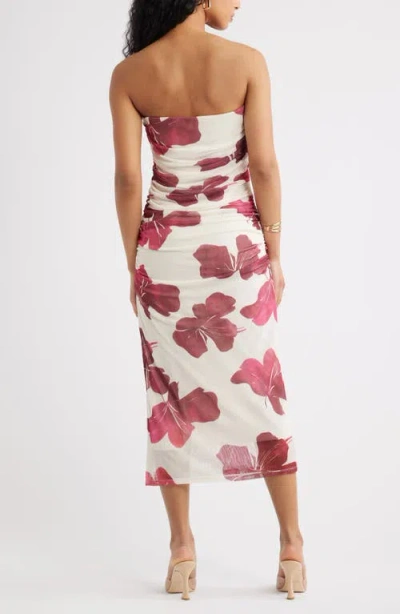 Open Edit Ruched Strapless Mesh Dress In White