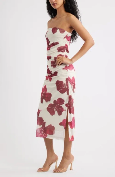 Open Edit Ruched Strapless Mesh Dress In White