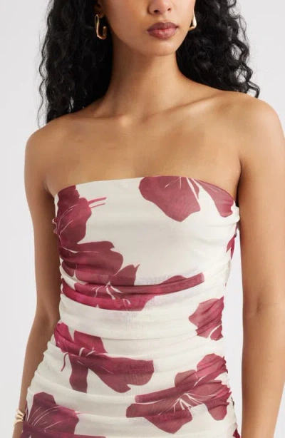 Open Edit Ruched Strapless Mesh Dress In White