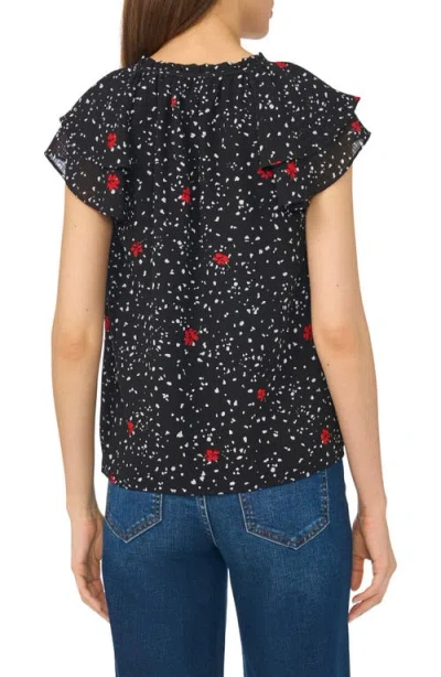 Cece Floral Dot Flutter Sleeve Split Neck Top In Black