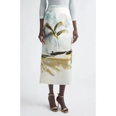 Oscar De La Renta Palm Tree Printed Satin Pencil Skirt In Neutral