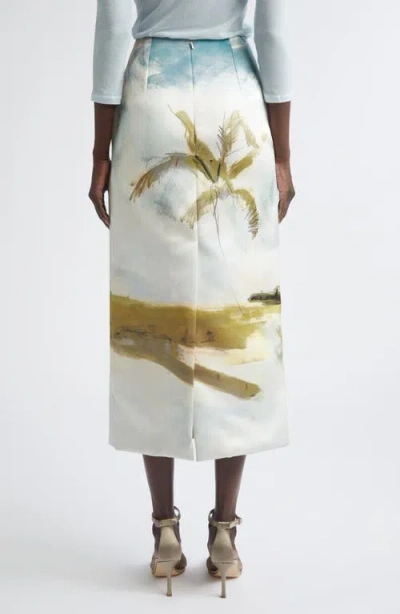 Oscar De La Renta Palm Tree Printed Satin Pencil Skirt In Neutral