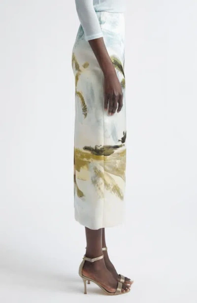 Oscar De La Renta Palm Tree Printed Satin Pencil Skirt In Neutral
