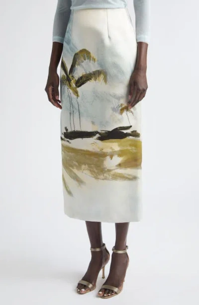 Oscar De La Renta Palm Tree Printed Satin Pencil Skirt In Neutral