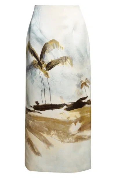 Oscar De La Renta Palm Tree Printed Satin Pencil Skirt In Neutral
