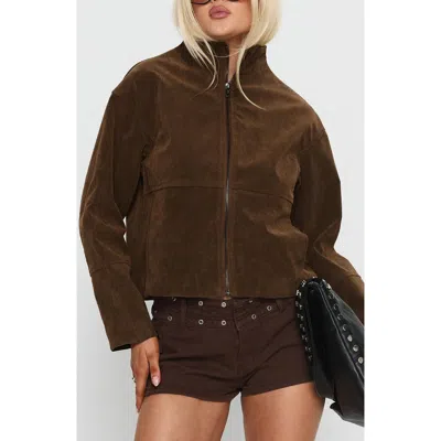 Princess Polly Faux Suede Funnel Neck Zip Up Cropped Jacket In Brown