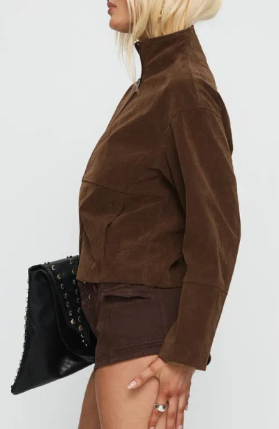 Princess Polly Faux Suede Funnel Neck Zip Up Cropped Jacket In Brown