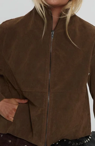 Princess Polly Faux Suede Funnel Neck Zip Up Cropped Jacket In Brown
