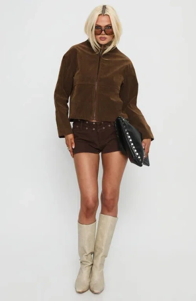 Princess Polly Faux Suede Funnel Neck Zip Up Cropped Jacket In Brown
