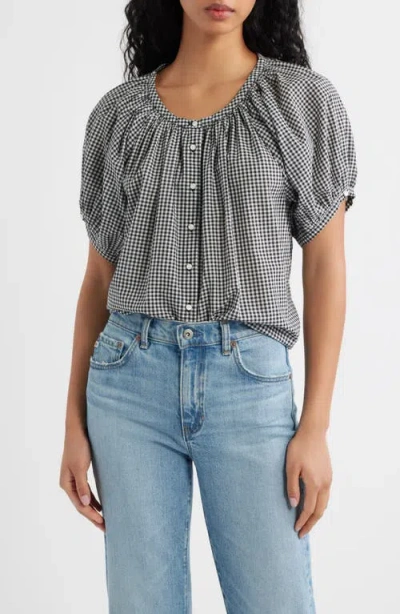 Doen June Gathered Checked Cotton Blouse In Gray
