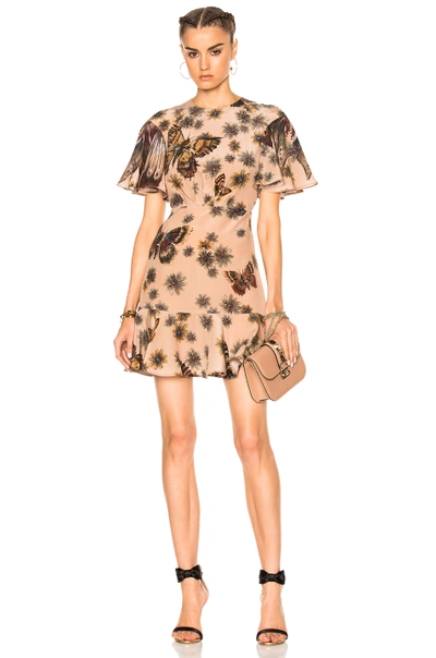 Valentino Butterfly Dress In Floral, Brown, Neutral. In Mariposa Garden