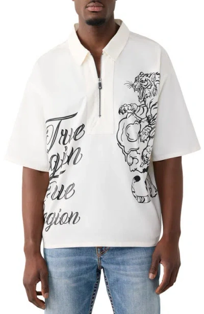 True Religion Half Zip Tiger Short Sleeve Shirt In White