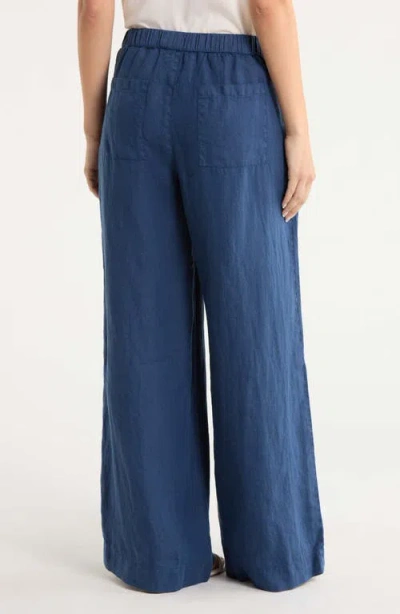 Frank & Eileen Patch Pocket Pull-on Wide Leg Linen Pants In Blue