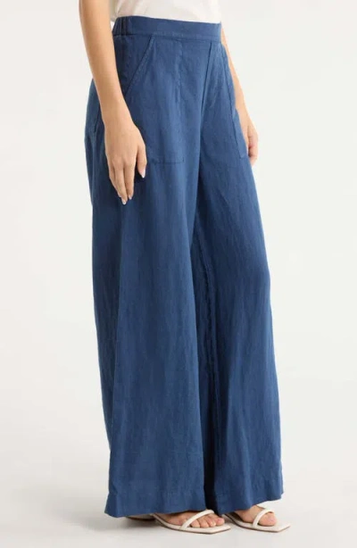 Frank & Eileen Patch Pocket Pull-on Wide Leg Linen Pants In Blue
