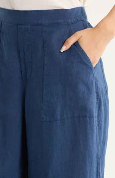 Frank & Eileen Patch Pocket Pull-on Wide Leg Linen Pants In Blue