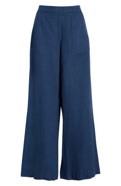 Frank & Eileen Patch Pocket Pull-on Wide Leg Linen Pants In Blue