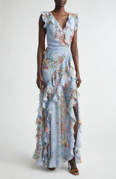 Etro Ruffled Tiered Paisley And Floral-print Satin Maxi Dress In Blue