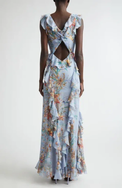 Etro Ruffled Tiered Paisley And Floral-print Satin Maxi Dress In Blue