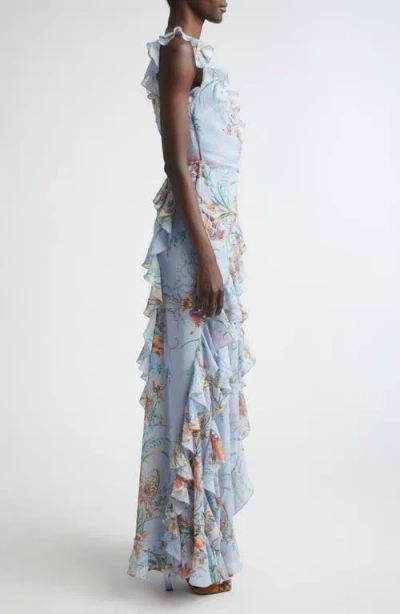 Etro Ruffled Tiered Paisley And Floral-print Satin Maxi Dress In Blue