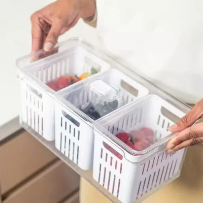 Ou Clear Stackable Fridge Organizer Bin With Three Removable Drain Baskets And Vented Lid, 2 Pack