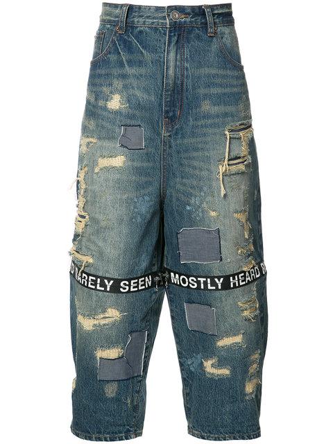 Mostly Heard Rarely Seen Destroyed Ticker Feed Cropped Jeans, Blue ...