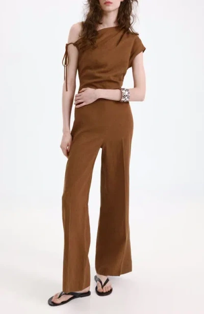 Mango Asymmetrical Lyocell-linen Jumpsuit In Tobacco Brown