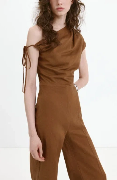 Mango Asymmetrical Lyocell-linen Jumpsuit In Tobacco Brown