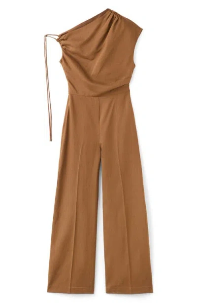 Mango Asymmetrical Lyocell-linen Jumpsuit In Tobacco Brown