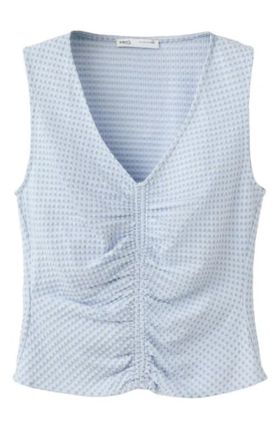 Mango Micro Check Ruched Cotton Blend Top In Blue