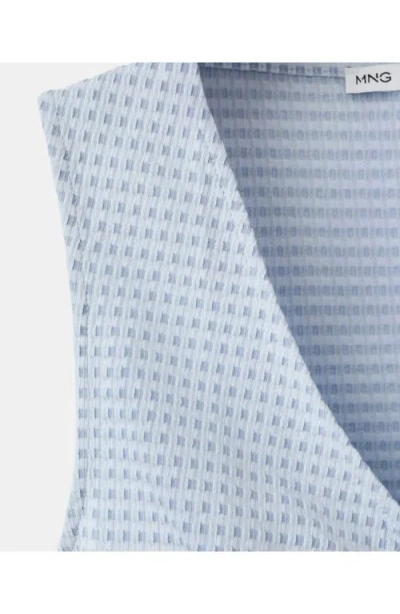 Mango Micro Check Ruched Cotton Blend Top In Blue