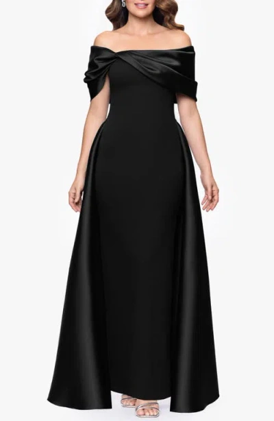 Betsy & Adam Off The Shoulder Cape Detail Gown In Black