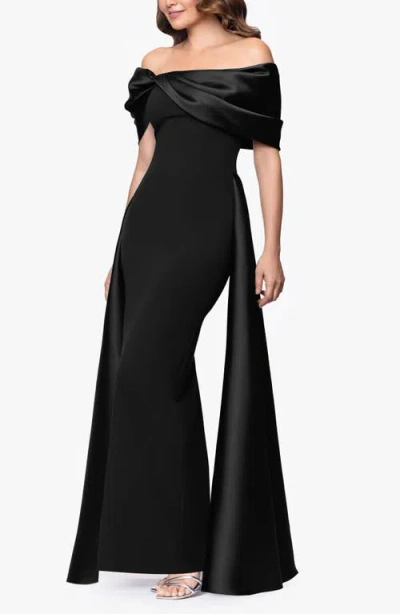 Betsy & Adam Off The Shoulder Cape Detail Gown In Black