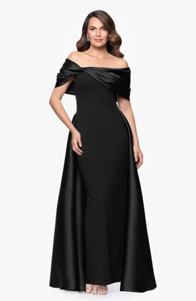 Betsy & Adam Off The Shoulder Cape Detail Gown In Black