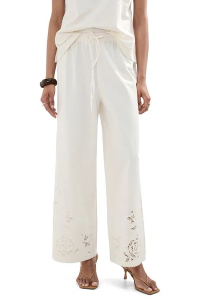 Mango Wide Leg Openwork Embroidered Pants In White