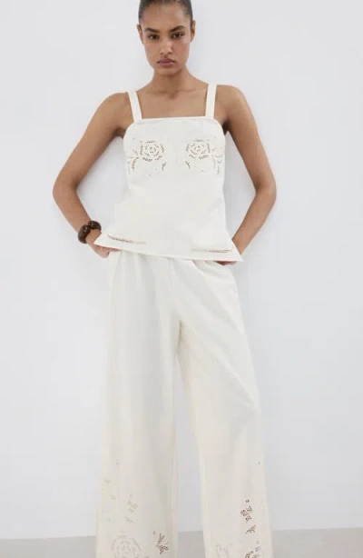 Mango Wide Leg Openwork Embroidered Pants In White
