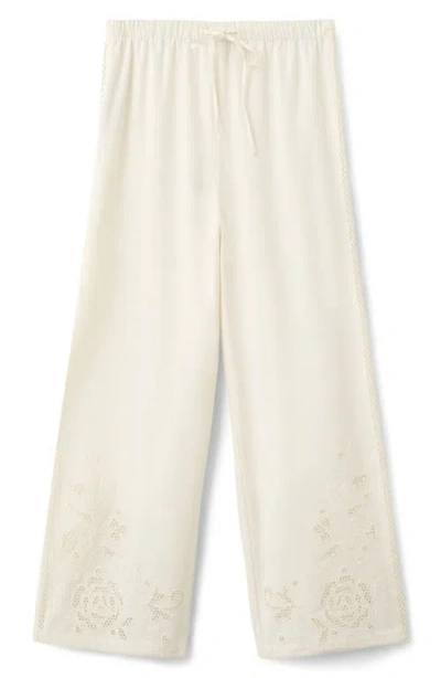 Mango Wide Leg Openwork Embroidered Pants In White