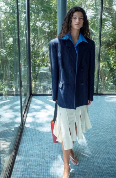 Mango Belted Pinstripe Jacket In Blue