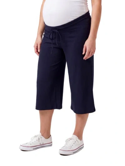 24seven Comfort Apparel Maternity Basic Ribbed Knit Drawstring Flared Capri Pants In Blue