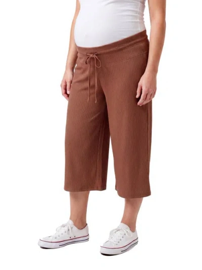 24seven Comfort Apparel Maternity Basic Ribbed Knit Drawstring Flared Capri Pants In Brown