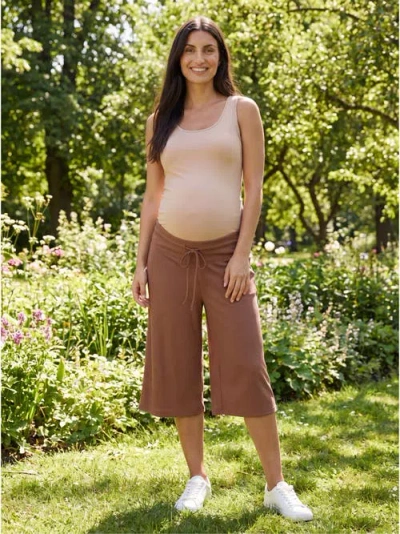 24seven Comfort Apparel Maternity Basic Ribbed Knit Drawstring Flared Capri Pants In Brown