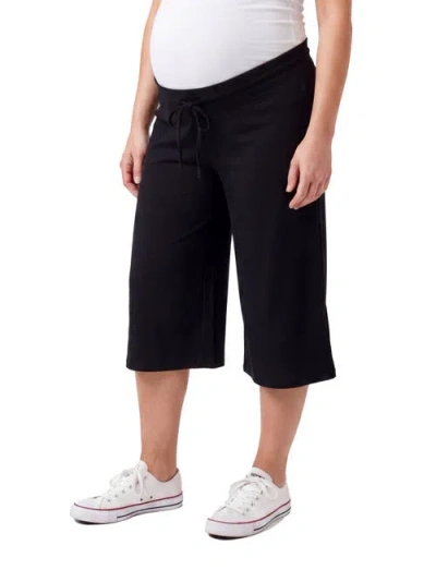 24seven Comfort Apparel Maternity Basic Ribbed Knit Drawstring Flared Capri Pants In Black